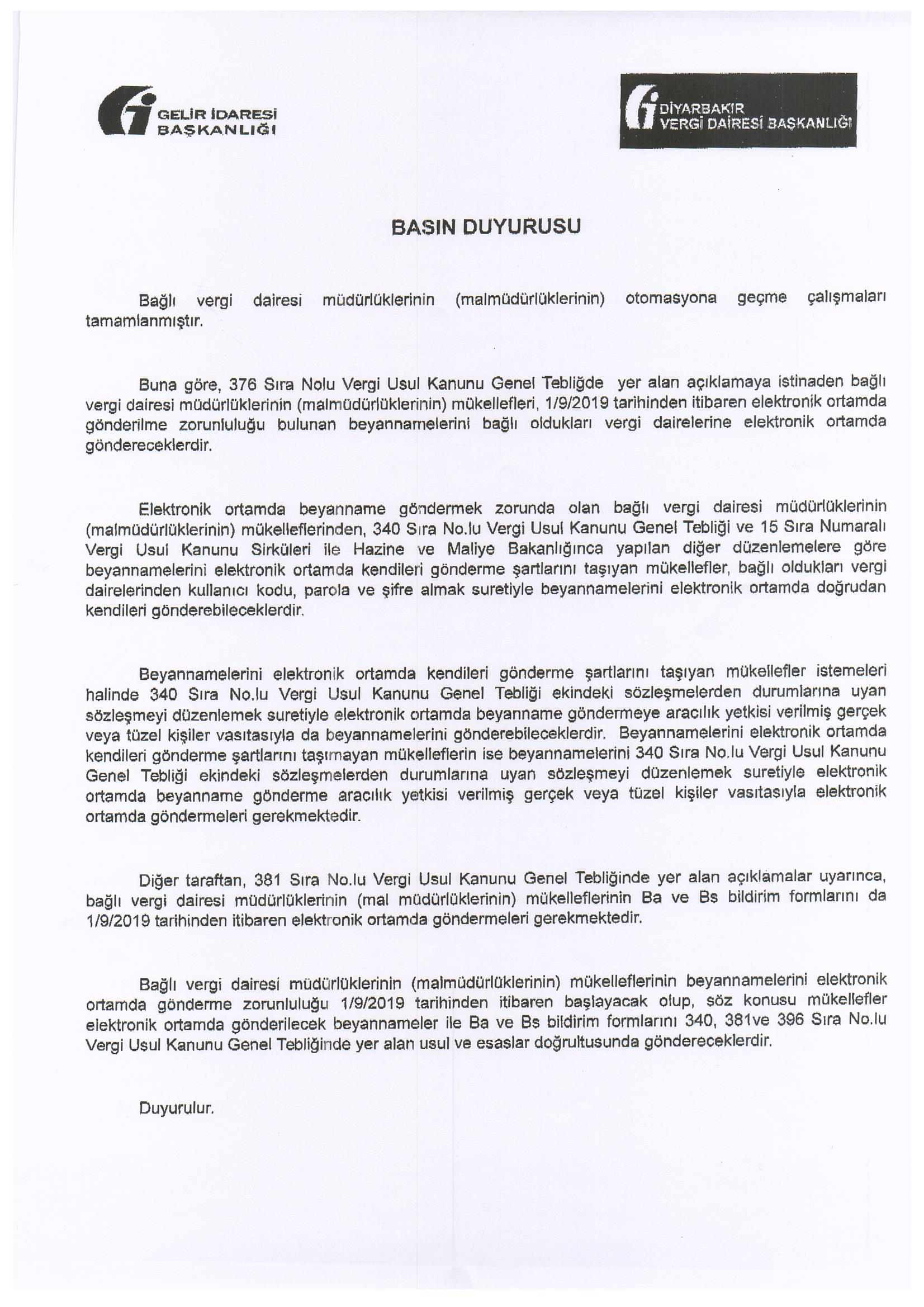 Diyarbakır Vergi Dairesi Başkanlığı'ndan Duyuru