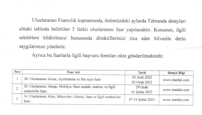 Tahran'da Düzenlenecek Fuarlar Hk.