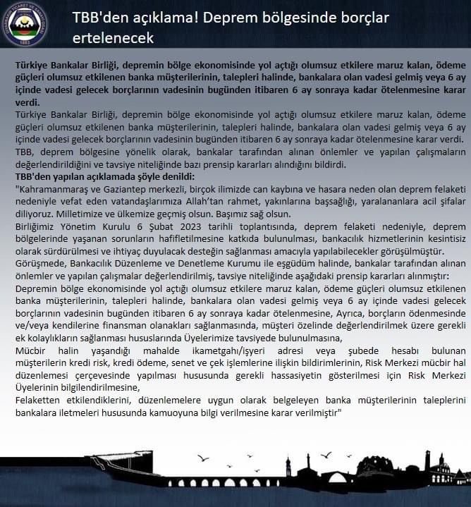 TBB'den Açıklama: Deprem Bölgesinde Borçlar Ertelenecek